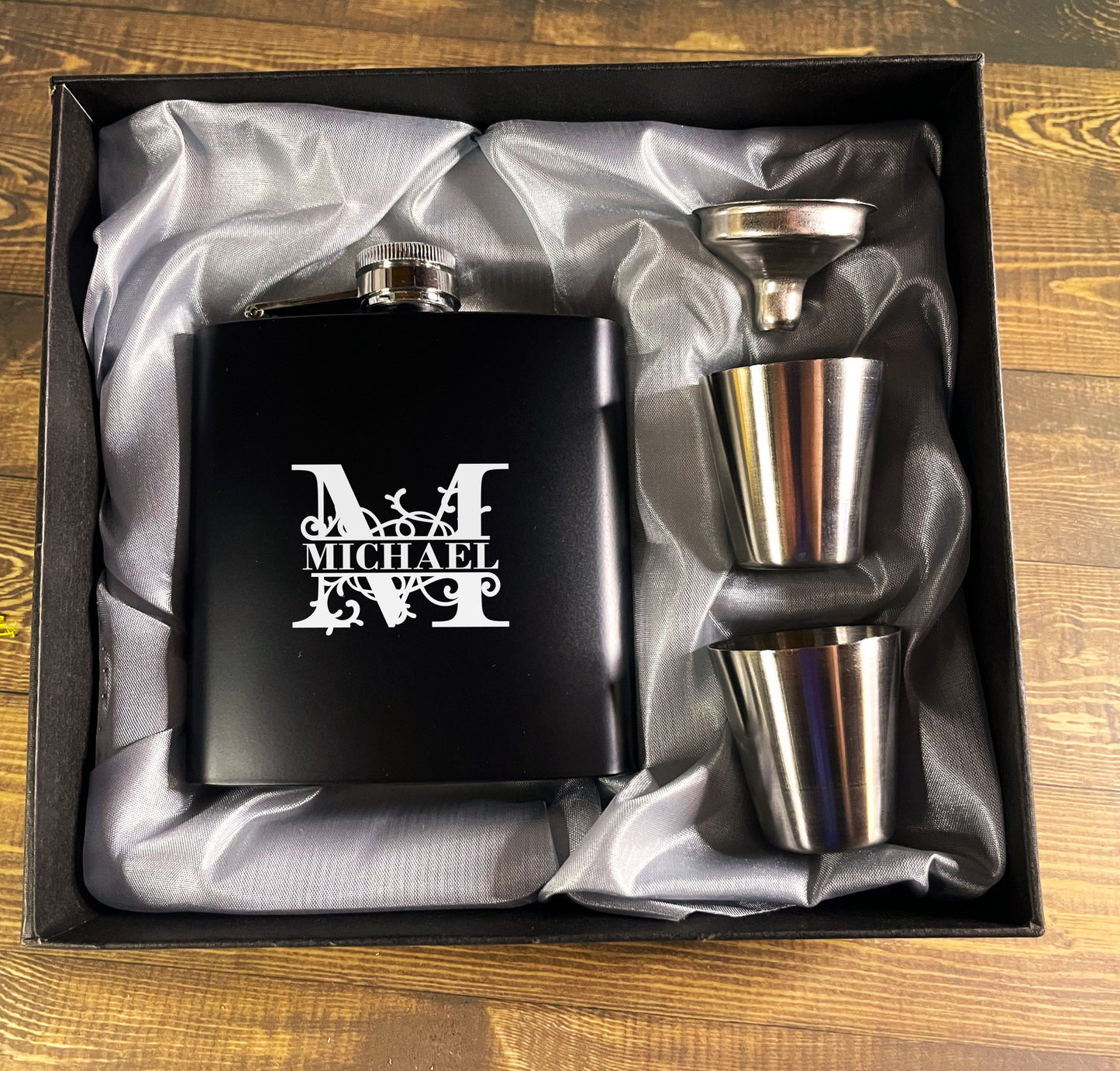 6oz Matte Black Stainless Steel Hip Flask Set With Antlers