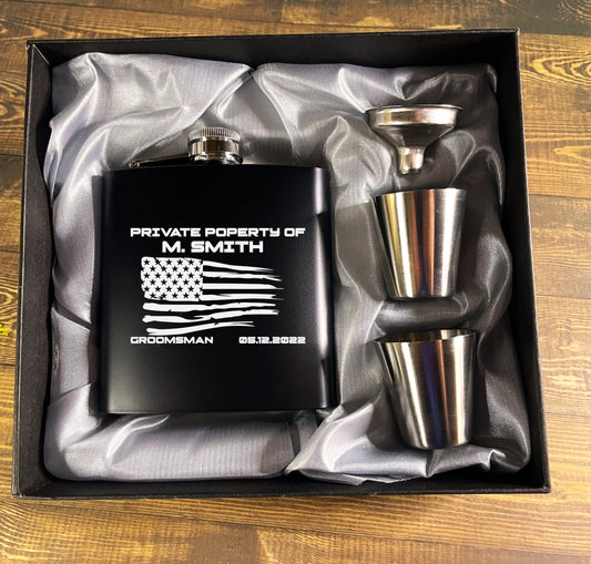 Personalized Flask For Groomsman Proposal, Fathers Day, Bachelor Party Gifts. US Flag, Gift For Dad, husband, him, Best Man Gift, Officiant
