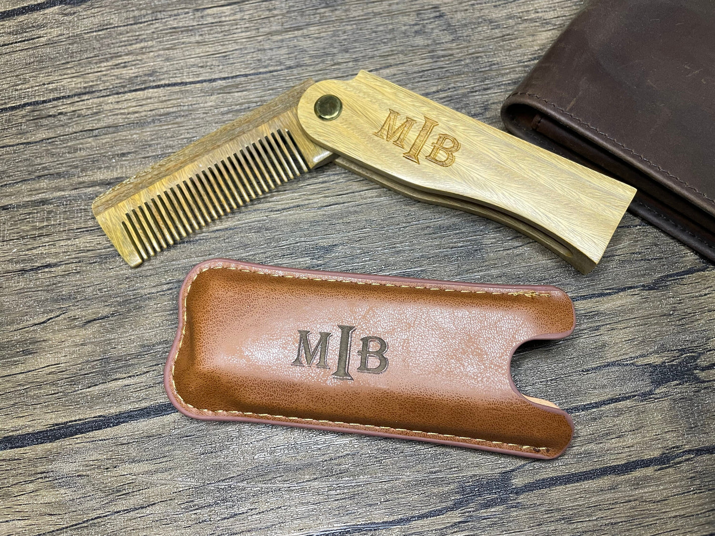 Personalized Folding Sandalwood Comb With Leather Pouch Anniversary Day Gift