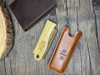 Personalized Folding Sandalwood Comb With Leather Pouch Anniversary Day Gift